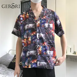 Gersri хип-хоп рубашка мужская Свободная Harajuku Японская кимоно Новая тонкая рубашка короткий топ Гавайская Повседневная Новая летняя рубашка