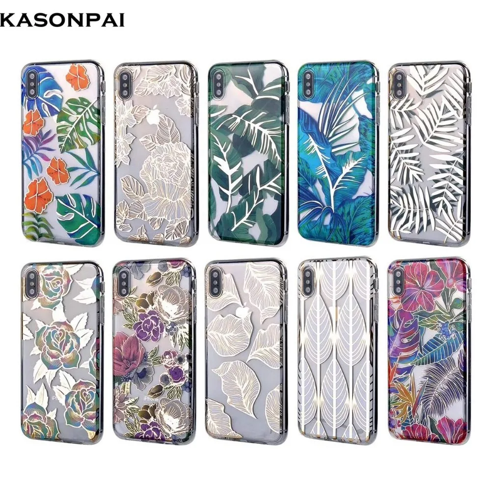

Plating TPU Flower Leaf Print Phone Case For iPhone 7 XR XS Max Electroplate Leaves Clear Cover Cases For iPhone X 7 8 6 6S Plus