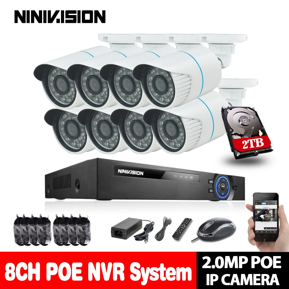 NINIVISION HD 8CH NVR 1080P POE Kit 8 шт. 2.0MP наружная Водонепроницаемая ИК IP камера P2P охранная