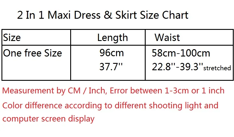 Maxi dress skirt size Chart