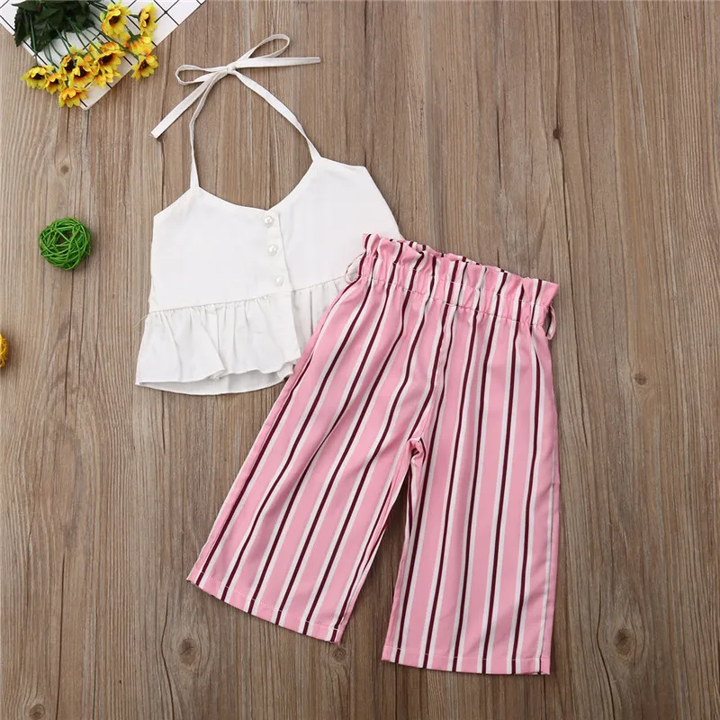 

Kids Baby Girls clothes strap V-neck sleeveless Button solid pullover Tops striped Pants 2pc Toddler Summer Casual Outfits