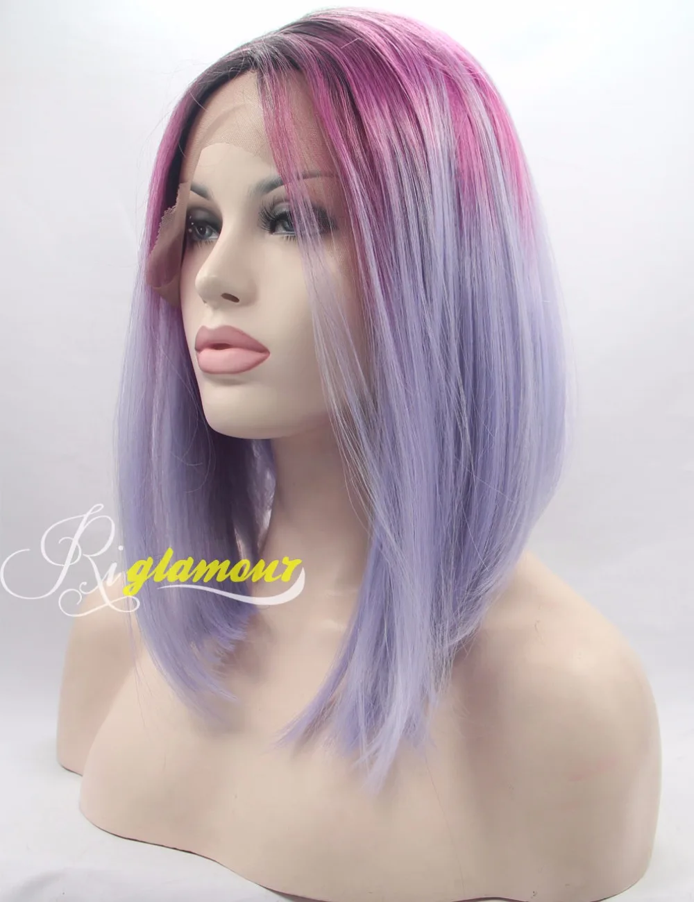 Short Silk Straight Hair Synthetic Lace Front Purple Ombre Bob Wig