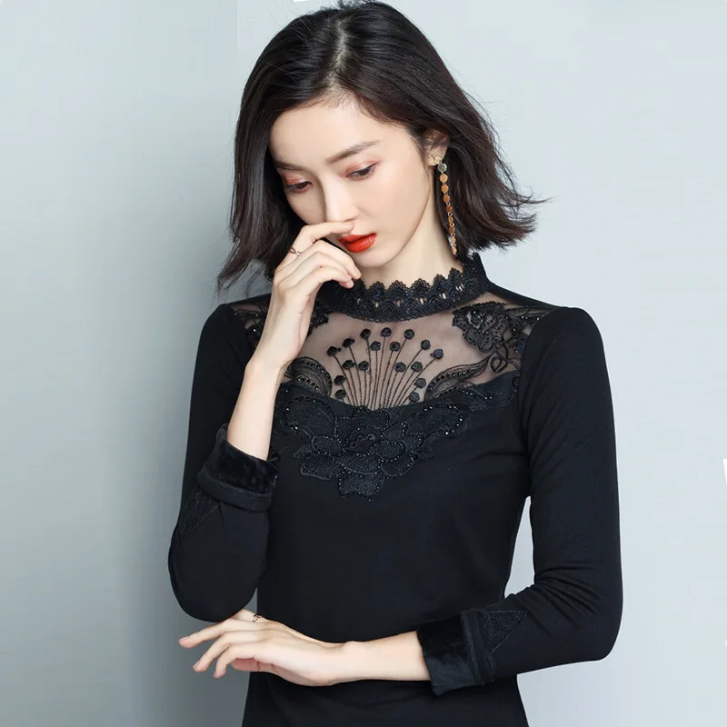 Velvet Mesh Ladies' Long Sleeve Embroidery T Shirt Stand Collar Autumn Winter Thickening Warm