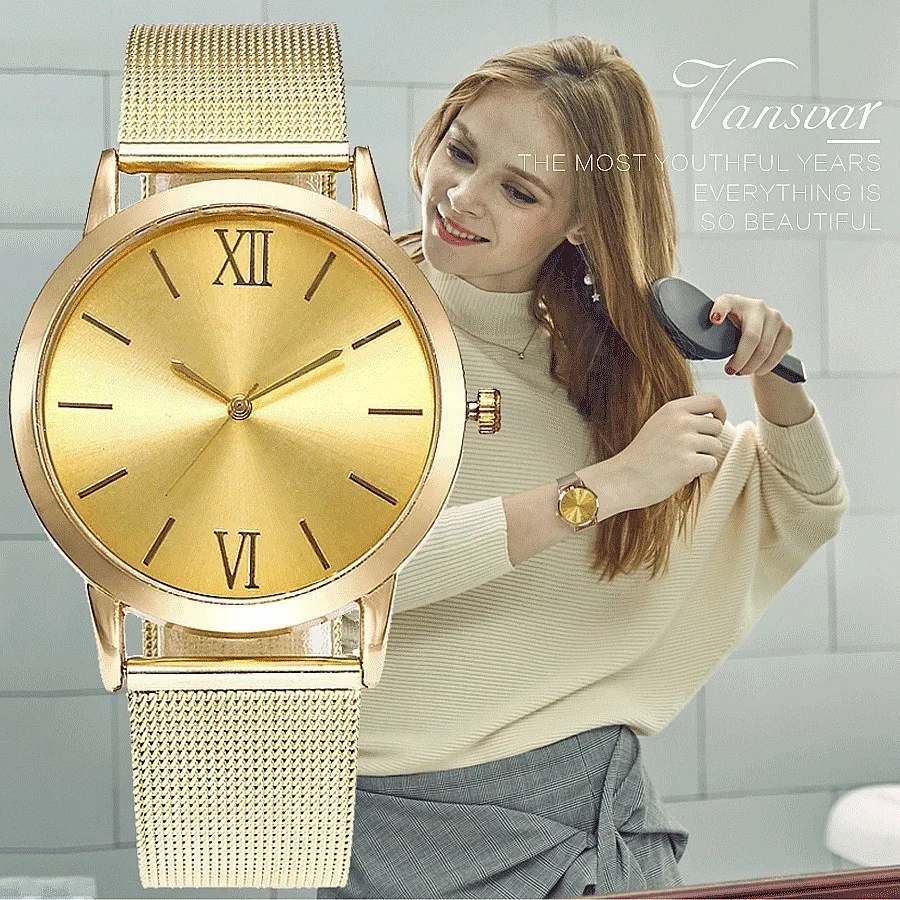 

Vansvar Brand New Fashion Mesh Band Watches Luxury Women Stainless Steel Watch Casual Quartz Wristwatch Clock Relogio Feminino