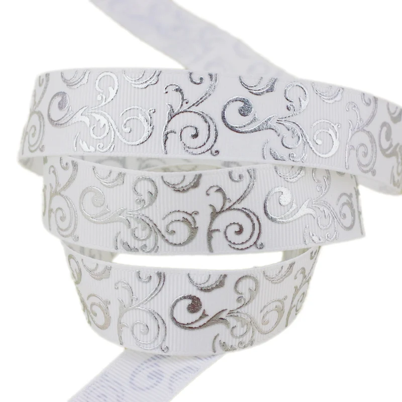 Grosgrain Ribbon 10 yards/lot 25mm White Hot Stamping Silver Foil Gift Wedding