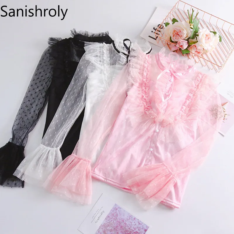 

Sanishroly 2018 Autumn Women Flare Sleeve Blouse Sweet Bow Lace Blouses Female Ruffles Long Sleeve Mesh Shirts Short Tops SE329