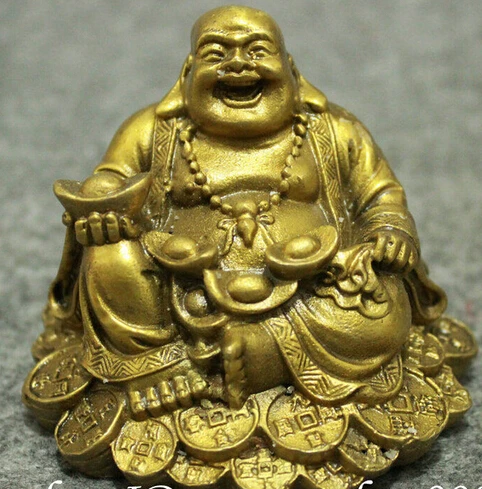 

0 Chinese Brass Buddhism Wealth Coin YuanBao Happy Laughing Maitreya Buddha Statue