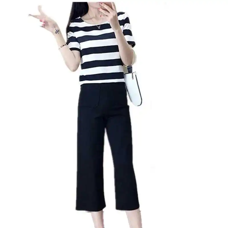 women summer sets clothing casual striped shirt and knee length pant female wide leg loose capris and o neck top set