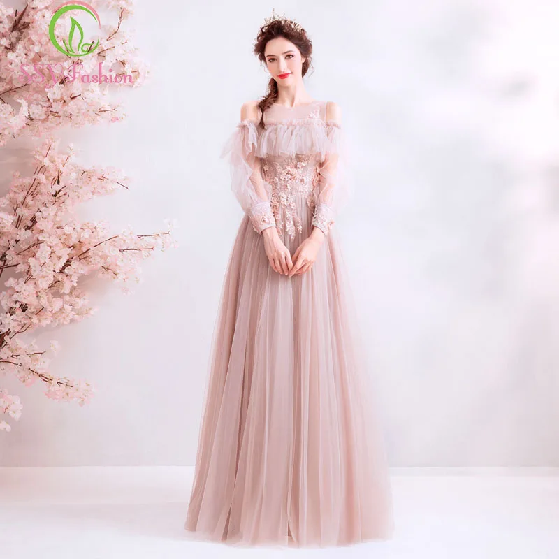 

SSYFashion 2019 New Pink Lace Evening Dress Long Sleeve Floor-length Appliques Prom Party Formal Gowns Robe De Soiree