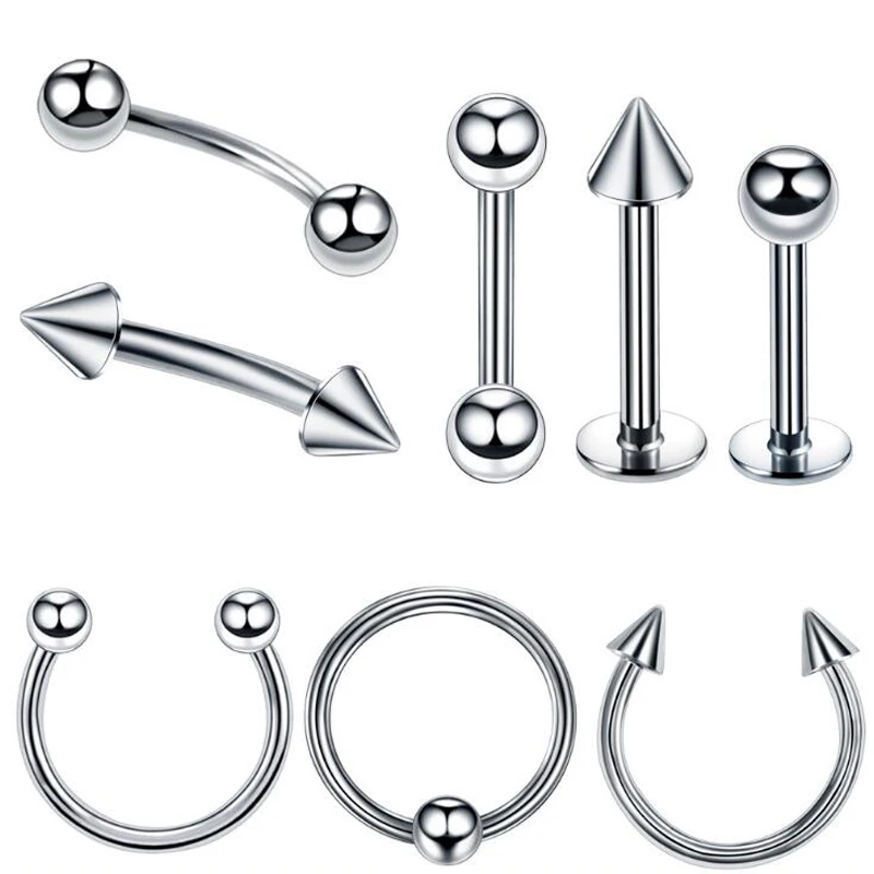8Pieces16GStainlessSteelBodyJewelryKitCircularBarbellNoseRingLipEyebrowTongue