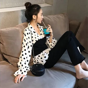 

Early Spring Casual 2 Piece Set Women Ankle-length Pants Pullover V-neck Flare Sleeve Tops With Polka Dot Fashion Two Piece Set