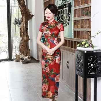 

Large Size 3XL 4XL Elegant Lady Cheongsam Red Evening Party Gown Rayon Vintage Qipao Print Flower Long Women Chinese Dress S-68