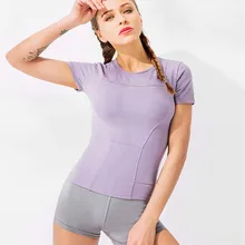 CretKoav летняя спортивная футболка для женщин с коротким рукавом, плотный эластичный Быстросохнущий топ для бега, фитнеса, однотонная тренировочная рубашка для йоги