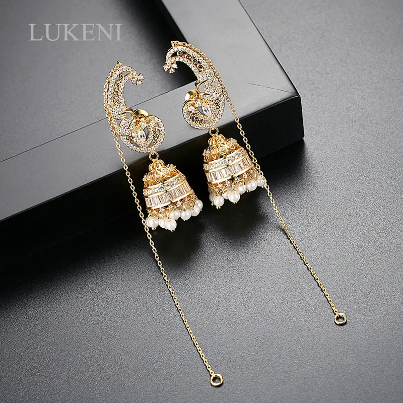 

LUKENI Personality Drop Earring With CZ Gorgeous Bright Crystal Imitation Pearls Long Chain Earrings For Women Party Wedding Fas