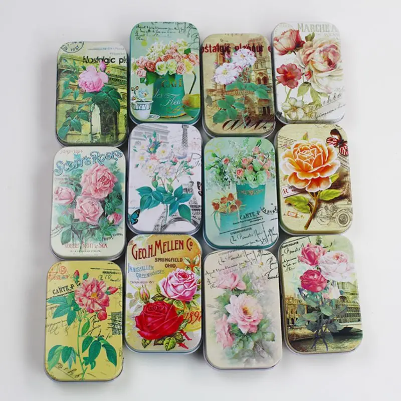 

Retro Rectangular Flowers Tin Box Candy Jewelry Coin Storage Container Case Canisters Cards Candle Holder Wedding Favor Gift