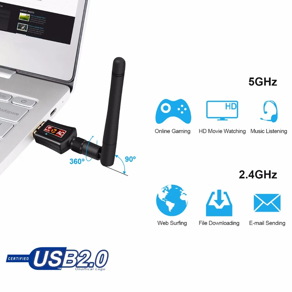 Zoweetek мини-usb Wi-Fi адаптер 5G 433 Мбит/с 2,4G 150 Мбит/с 802.11AC Беспроводная двойная антенна LAN Ethernet приемник для ПК телефонов