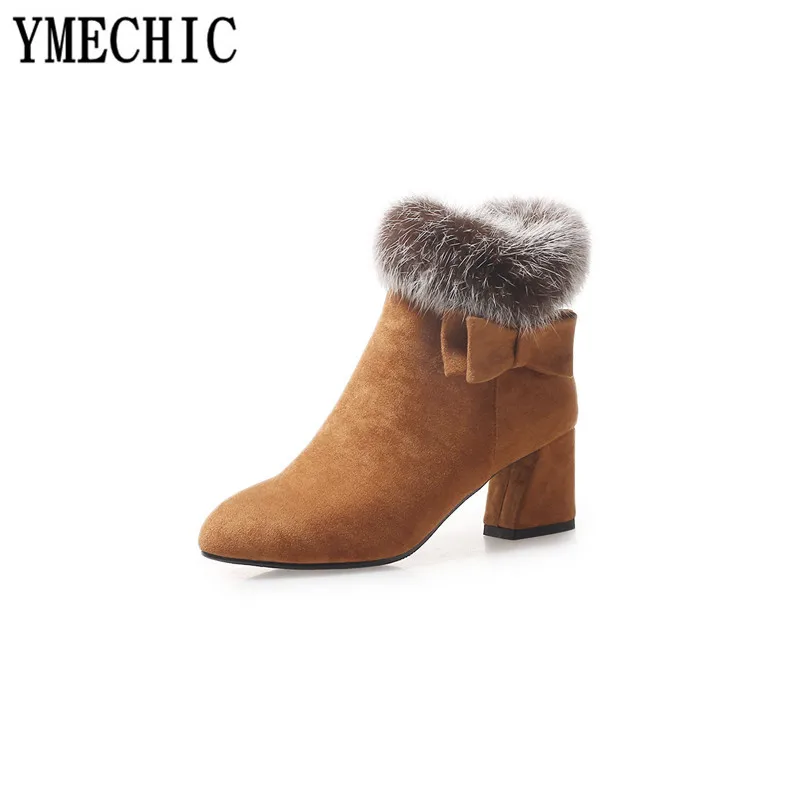 Женские ботильоны из флока YMECHIC розовые черные с искусственным мехом женские