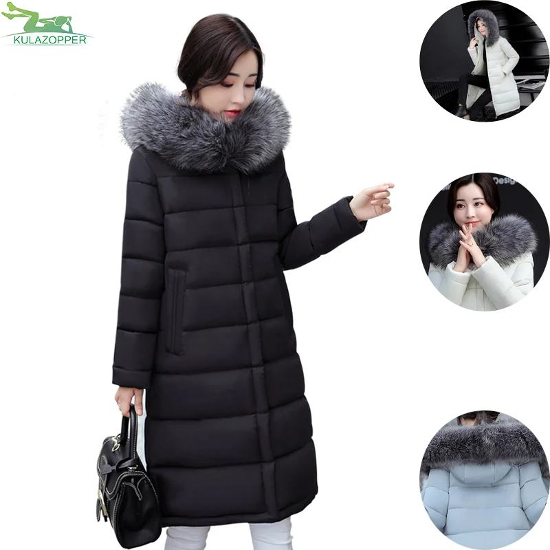 

New feather cotton jacket women long section big hair collar winter Korean Slim thickening warm fashion female cotton coat xh150