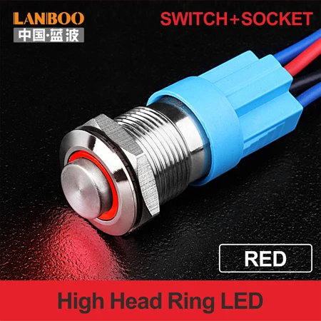 LANBOO 12 мм водонепроницаемый выключатель без фиксации металлический дверной Звонок кнопочный переключатель светодиодный с переключателем и разъемом - Цвет: RED (HIGH RING)