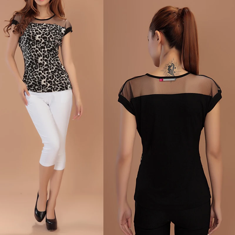 

Sale Fashion Women Ladies Casual O-Neck Leopard Blouse Transparent Mesh Short Sleeve Slim 2 Colors