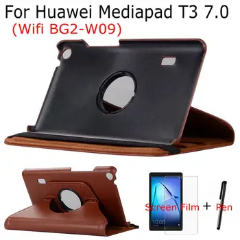 

360 Degree Rotating Stand PU Leather Case for Huawei MediaPad T3 7 Wifi BG2-W09 7.0" Tablet Funda Cover Shell+Free Film+Pen