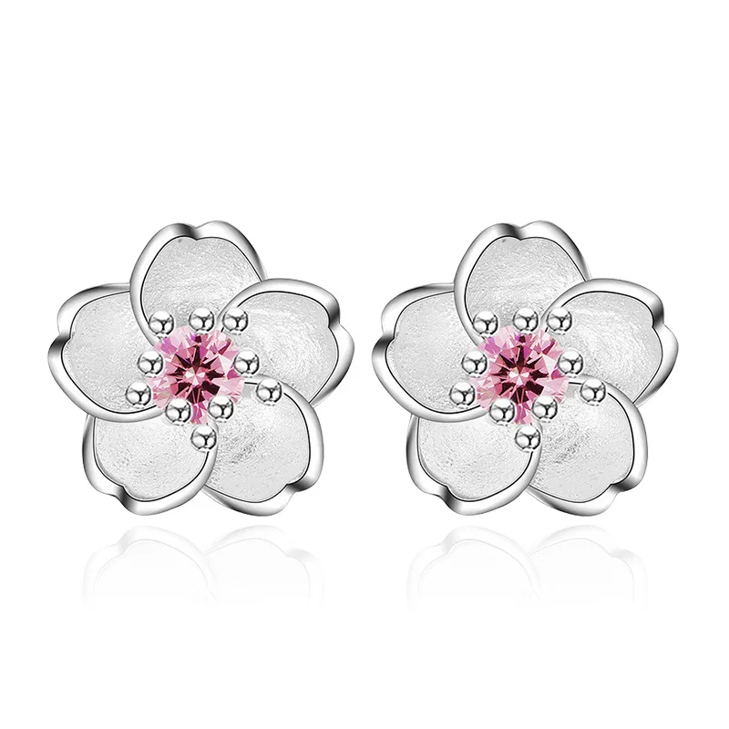 

2019 Classic Korea Cherry Blossoms Flower Womens Stud Earrrings Silver Zirconia Rhinestone Exquisite Jewelry Factory Price