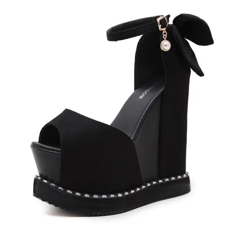 

2019 new hate sky high 15CM super high heel platform shoes nightclub waterproof platform female bow wedge sandals