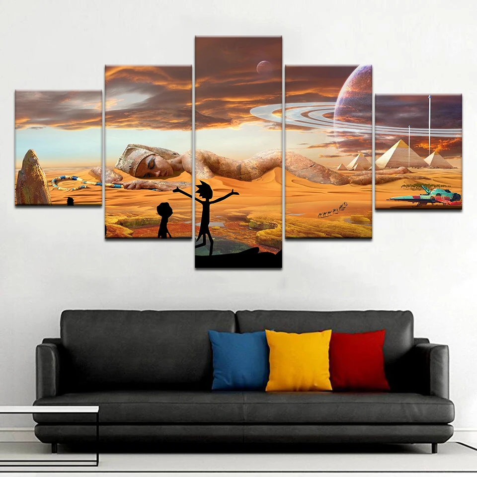 

Prints Painting Wall Art 5 Panel Rick and Morty in Giant Girl Egypt Pyramids Picture Modular Landscape Canvas Poster Home Decor