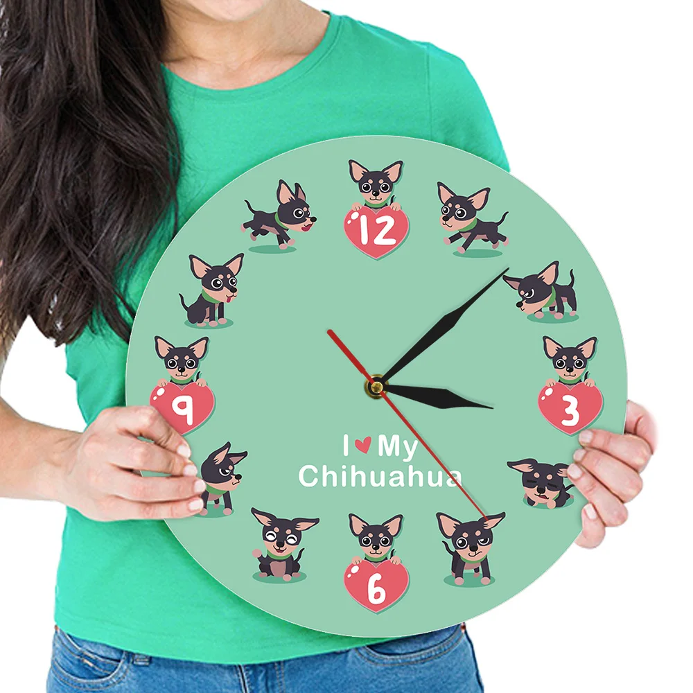 Милые Chi-chi Chihuahueno Мультяшные настенные Clcok I Love My Chihuahua уникальные настенные художественные современные акриловые настенные часы декоративные настенные часы