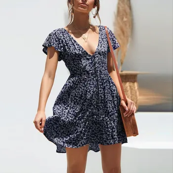 

2019 Spring&Summer Womens Boho Floral Summer Party Evening Beach Short Dress Sundress Sweety Casual Dress