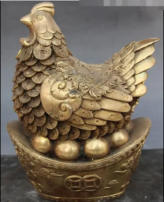 

free 8" Chinese Bronze Dragon Phoenix Wealth Yuanbao Chicken Chook Animal Statue fast