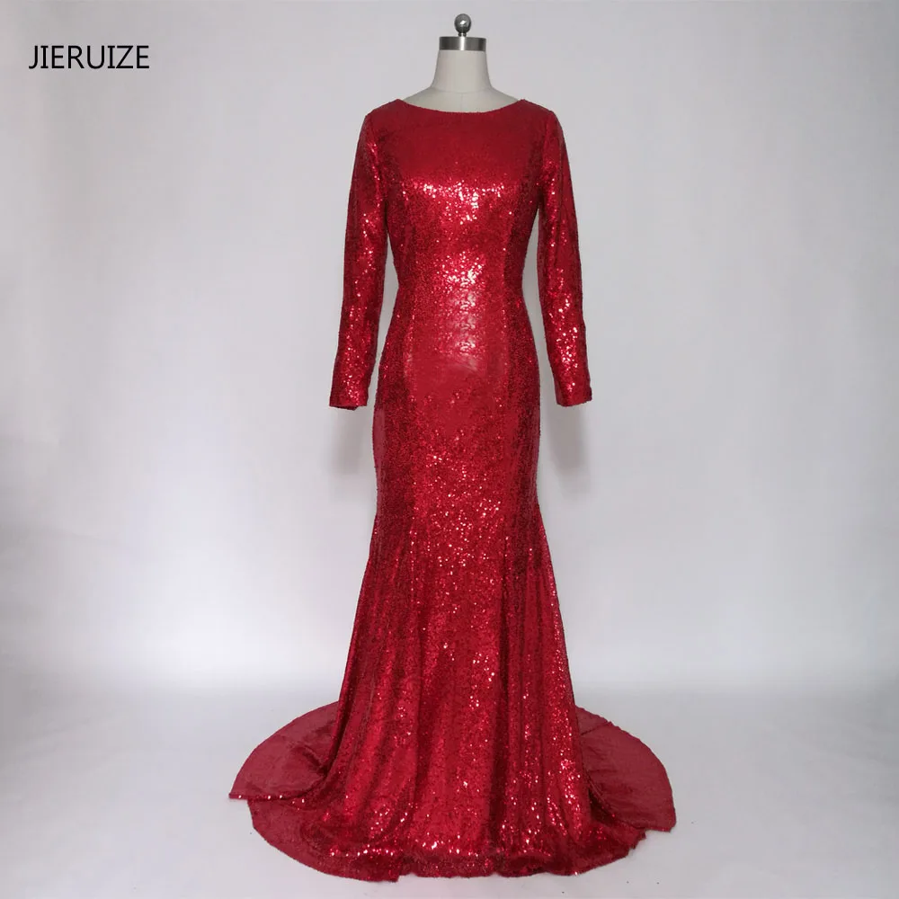 JIERUIZE robe de soiree Long Sleeves Backless Red Prom Dresses 2017 Low Back Mermaid Long Evening Party Dresses Ballkleider