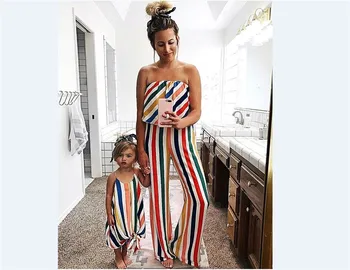 

Family Matching Outfits Mother and Daughter Girls Striped Clothes Dress One-pieces Jumpsuits