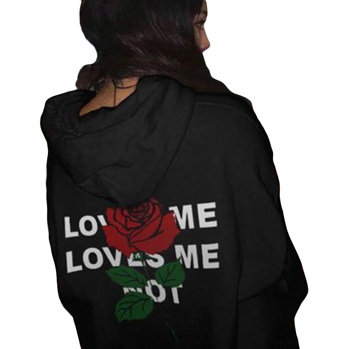 LOVE ME Letter Print Rose Hoodies Women Hooded Drop Shoulder Long