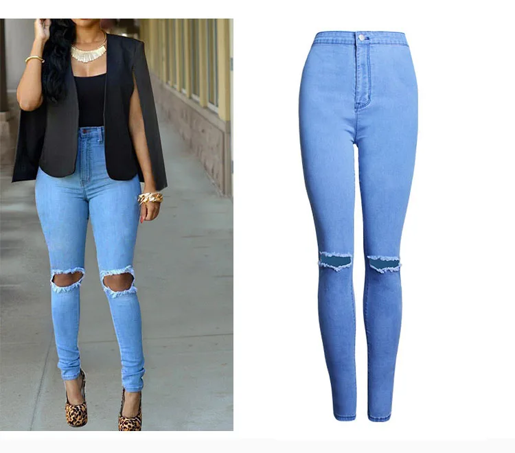 2017 Europe and the United States high waist stretch Slim thin pencil pants pure color hole feet women's jeans women (6)