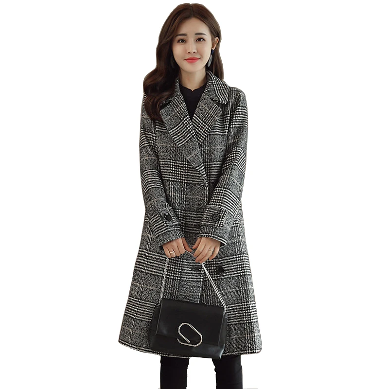 Женское зимнее шерстяное пальто, клетчатые длинные шерстяные пальто, корейское женское тонкое пальто на пуговицах, ветровка, новинка, AS069