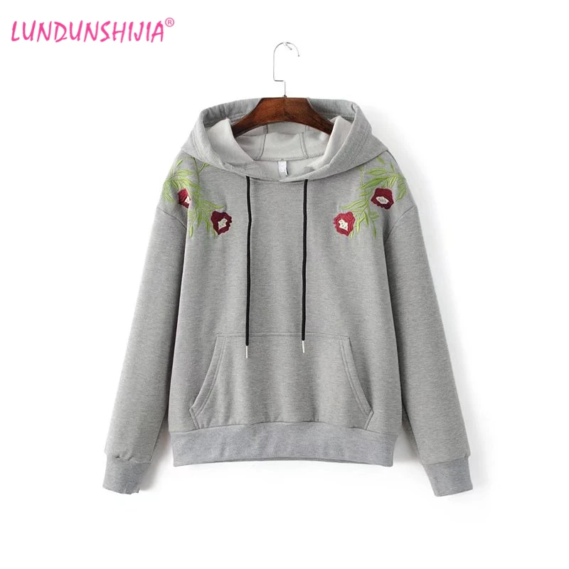 

LUNDUNSHIJIA Floral Embroidery Hoodies Women 2017 Winter Fashion Gray Hooded Sweatshirt Female Plus Velvet Loose Pullovers