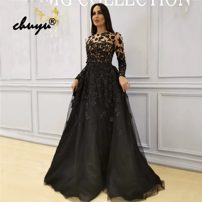 

Long Sleeves Muslim Evening Dresses Appliques Lace Flowers Tulle A-Line Islamic Dubai Saudi Arabic Evening Gown Prom Dress