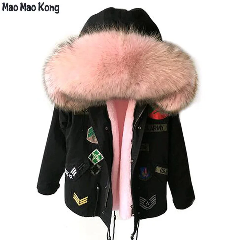 

brand 2019 new winter jacket women natural fur coat female parka embroidery big real raccoon fur collar hooded outerwear