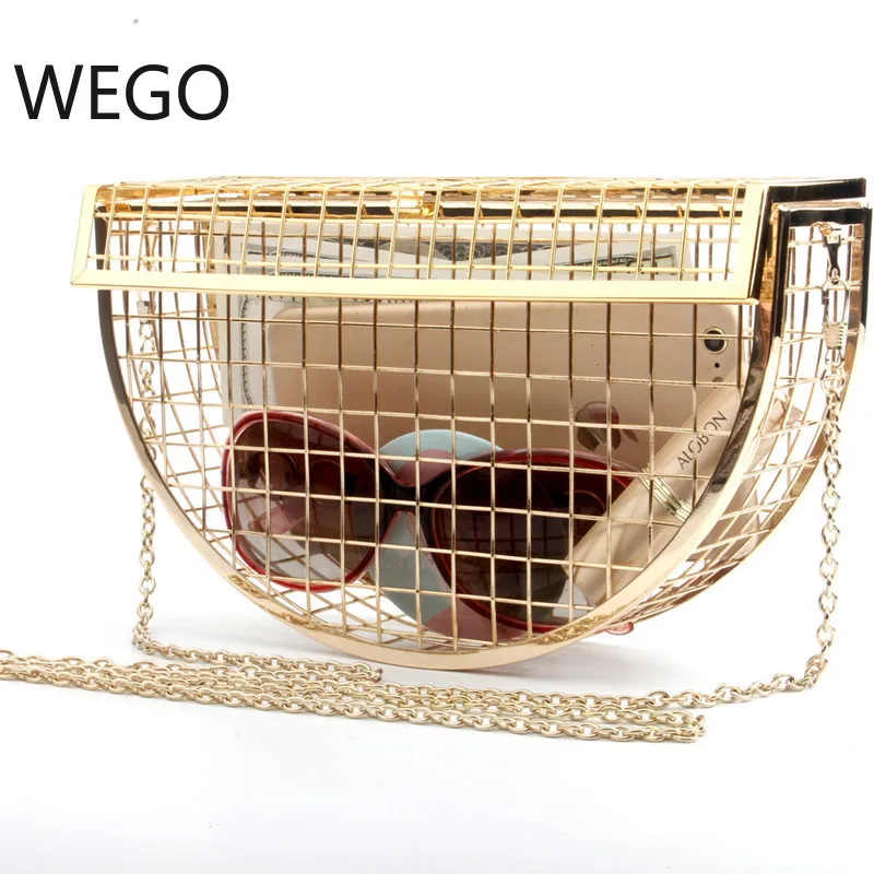

2019 new metal semi-circular hollow shoulder slung chain evening bag personalized mini cage bag