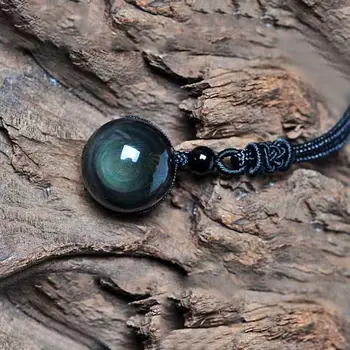 Natural Obsidian Rainbow Eye Transfer Good Luck Bead Pendant Necklace Polyester Rope Chain Necklace Jewelry For