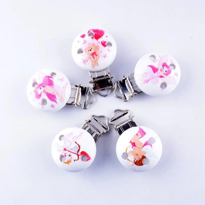 

5PCs Baby Pacifier Clips Mixed Pattern Lovely White Wood Metal Holders Cute Infant Soother Clasps Funny Accessories 4.4x2.9cm