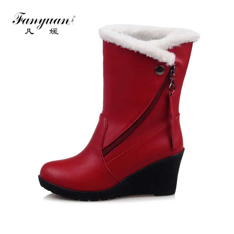 

Fanyuan High Heel Wedge Boots Plush Winter Boots Women Zip Comfortable Rubber Snow Boots Warm botas mujer Plus Size 30-43 Black