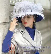 Fashipn Women Dress Satin Ribbons Floppy Feathers Wide Brim Cap Lady’s Top Hat Derby Wedding Church Hats Blue Black