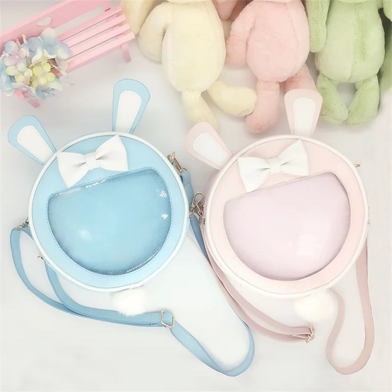 

Women's Japanese Super Cute Stereo Rabbit Ears Lolita Bow DIY Transparent Round Shoulder Bag Itabag Messenger Bag Student Bags