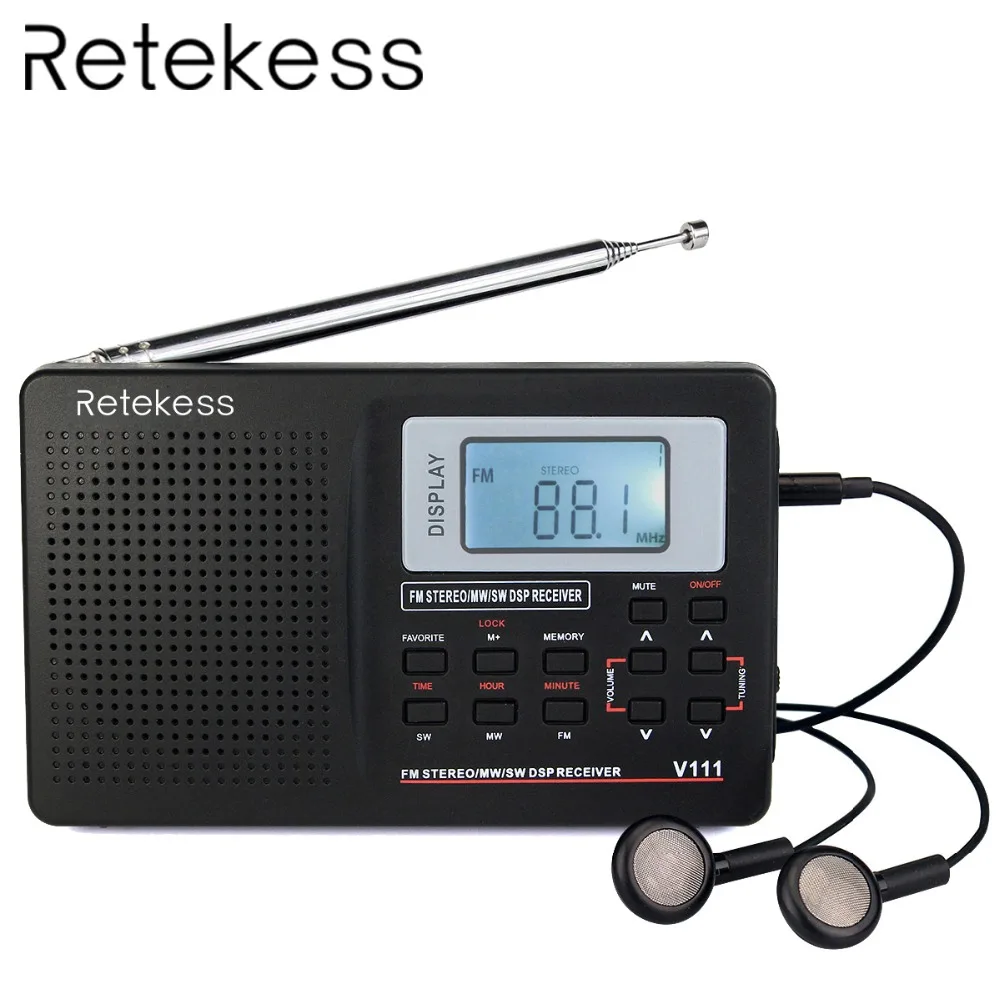 RETEKESS V111 polnofrekvenčni radijski FM stereo / MW / SW DSP svetovni pasni sprejemnik s časovno budilko, prenosni radio črno F9201