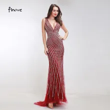 Finove Heavy Beading Evening Dresses 2017 New Styles Sexy Big V-Neck Backless Floor Length Long Dresses For Women