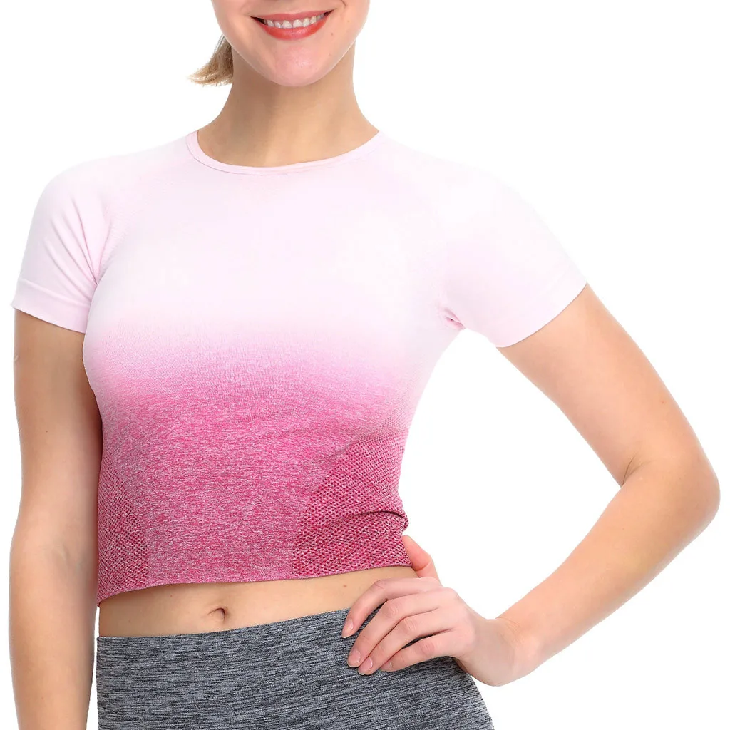 

Summer Fashion Ombre Sports Gym Fitness Workout Blouse Crop Tops Female Women's Short Sleeve Shirt Blusas Femininas Clothing