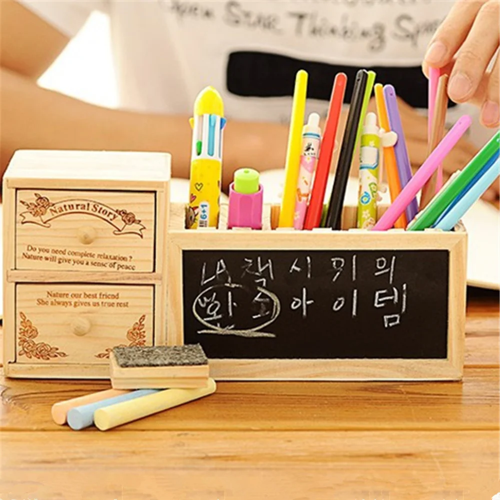 Wooden Pen Holder With Blackboard Kawaii Desk Tidy Pencil Holder