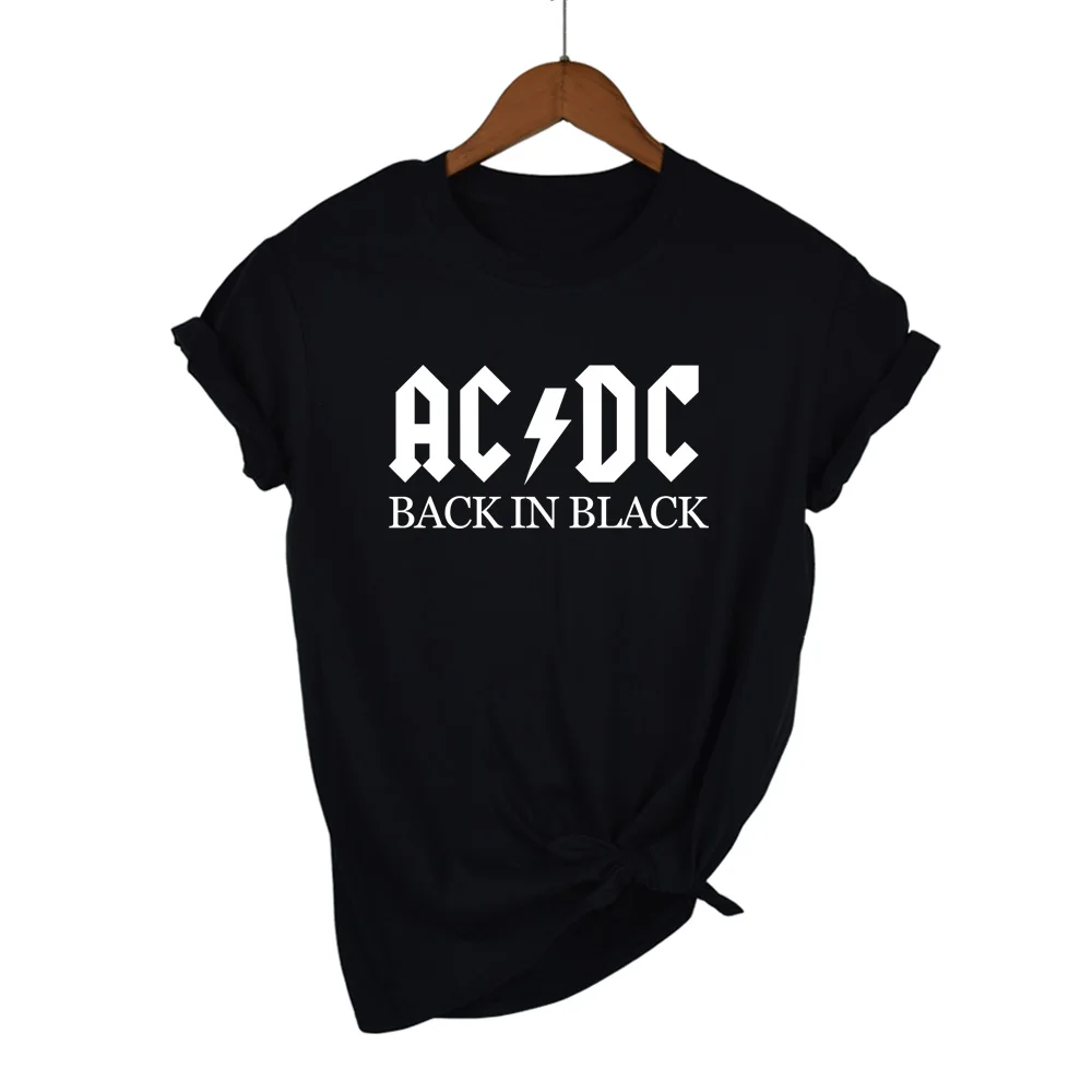 AC/DC موسيقى الروك تي شيرت على طراز هاراجوكو المرأة ACDC الأسود إلكتروني الرسم المطبوعة بلايز أزياء الصيف الموسيقى قصيرة الأكمام قمم المحملة